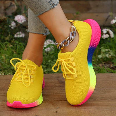 Lace-up Mesh Shoes With Rainbow Sole Design Fashion Walking Running Sports Shoes Sneakers For Women