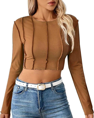 Short Crop Top for Women with Exposed Seams Summer Blouse Long Sleeve-Noubelkit