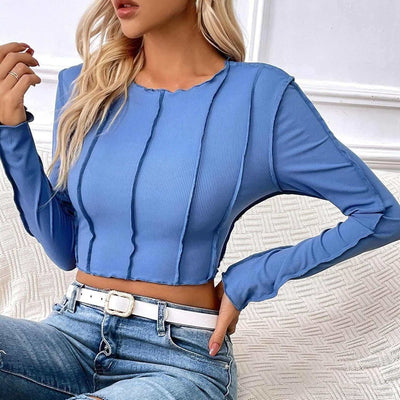 Short Crop Top for Women with Exposed Seams Summer Blouse Long Sleeve-Noubelkit