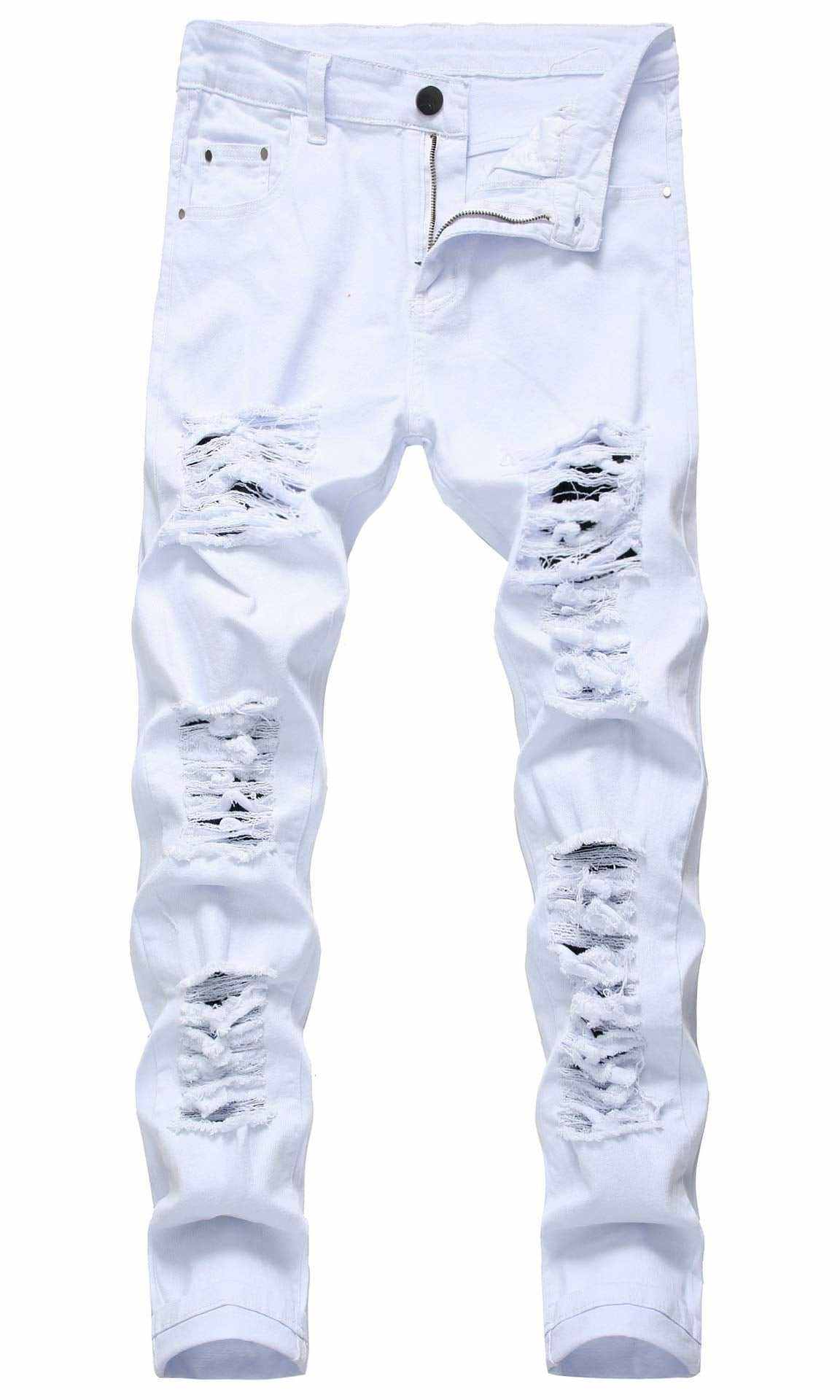 Ripped Jeans Men Stretch Distressed Destroyed Slim Jeans Denim Pants-Noubelkit