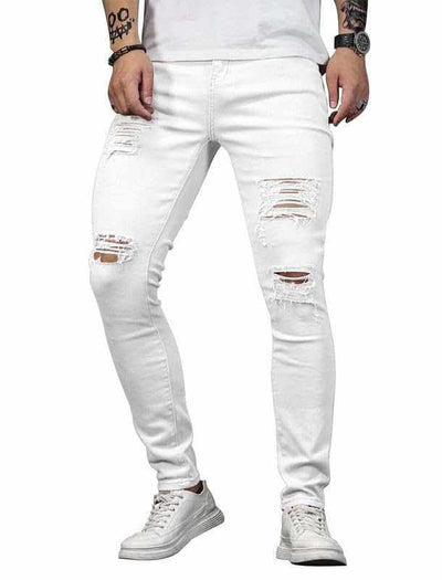 Blue Skinny Jeans Men Stretch Destroyed Ripped Skinny Jeans Side Strip-Noubelkit