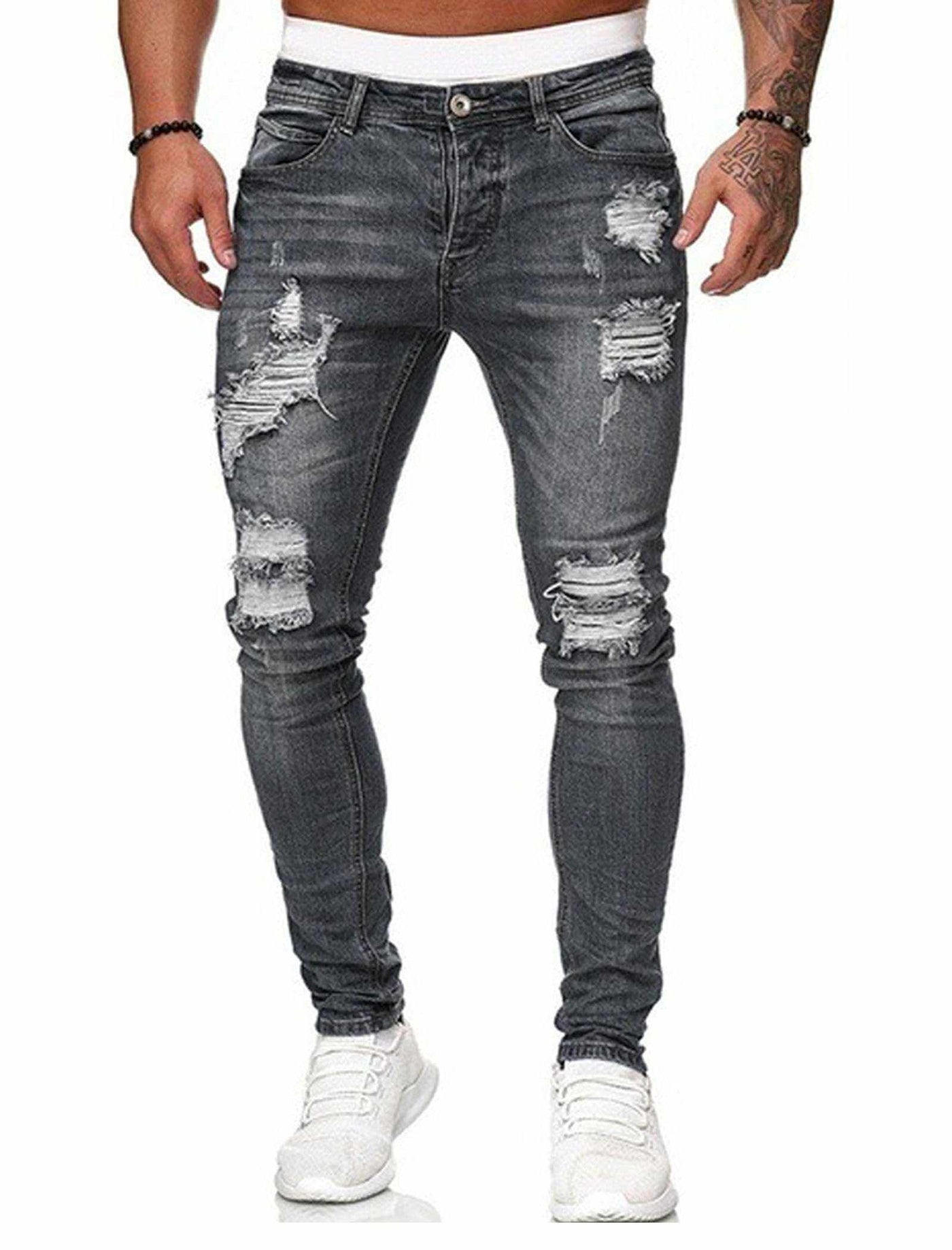 Blue Skinny Jeans Men Stretch Destroyed Ripped Skinny Jeans Side Strip-Noubelkit