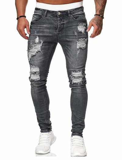 Blue Skinny Jeans Men Stretch Destroyed Ripped Skinny Jeans Side Strip-Noubelkit