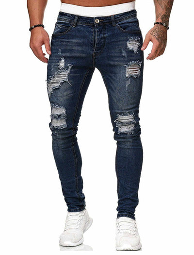 Blue Skinny Jeans Men Stretch Destroyed Ripped Skinny Jeans Side Strip-Noubelkit