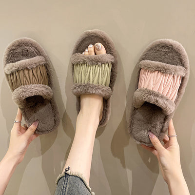 PU Leather Open Slippers For Women Plush Cotton Slippers