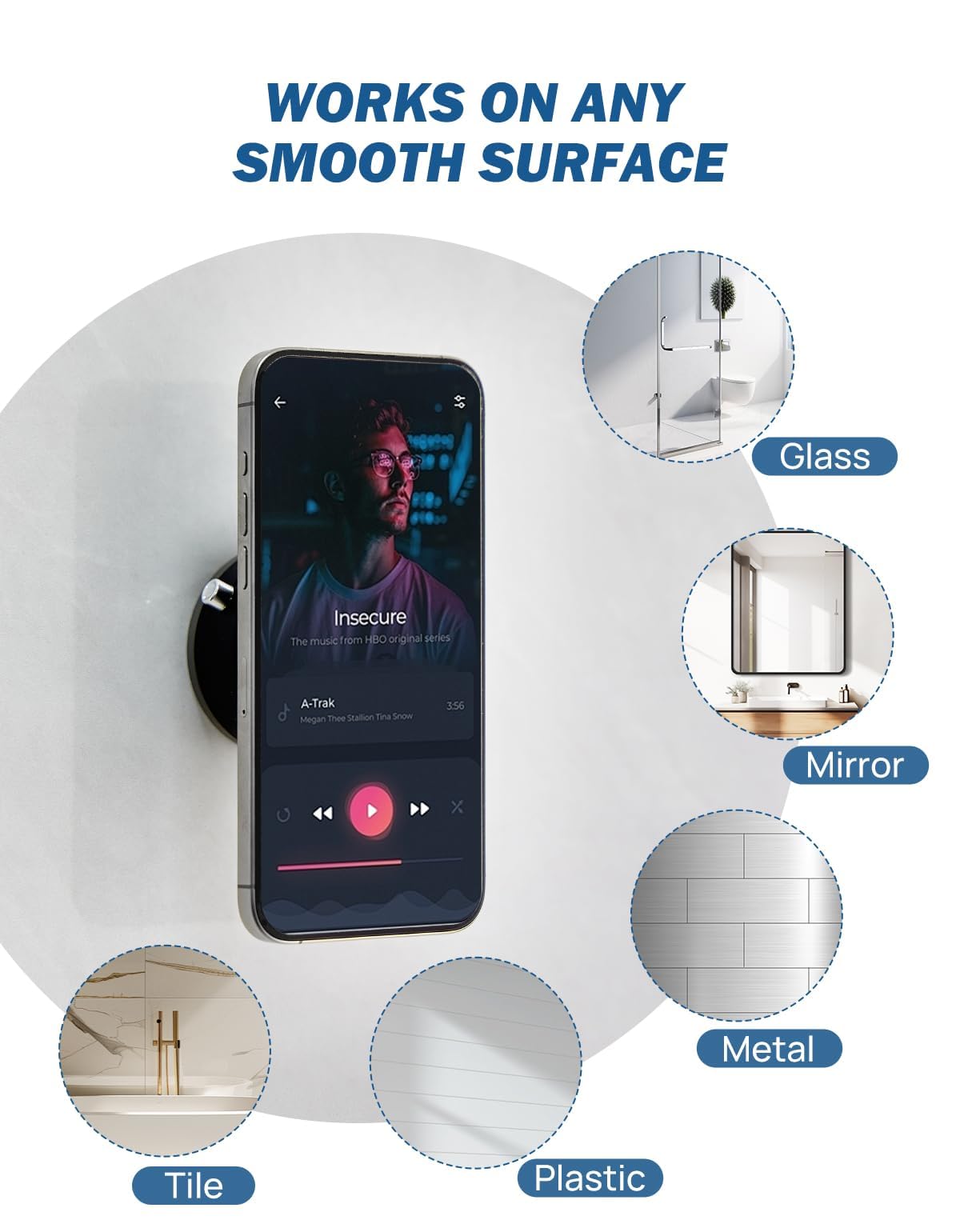 Shower Phone Holder, Reusable Suction Cup Phone Mount for Shower, Mirror, Kitchen, Window & Bathroom, Shower Phone Mount Compatible with iPhone 16, 15, 14, 13, 12 & All Phones - Noubelkit