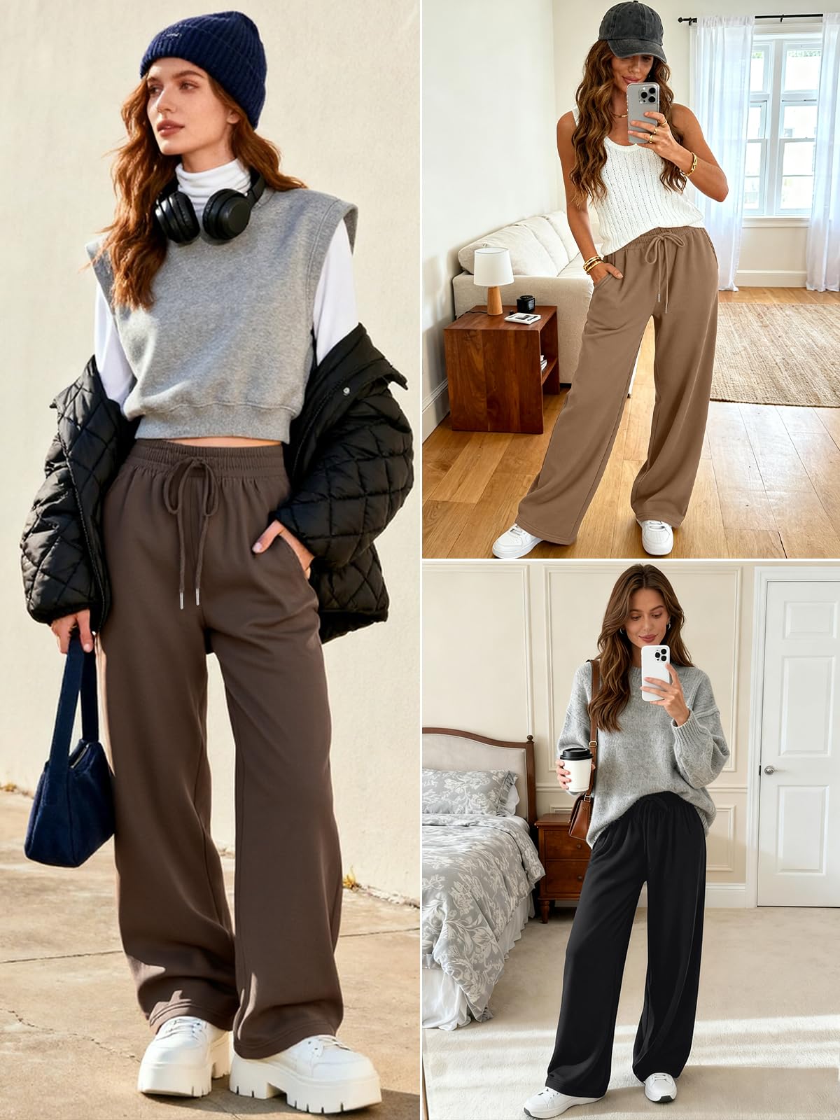 Trendy Queen Womens Wide Leg Fleece Lined Sweatpants - Noubelkit