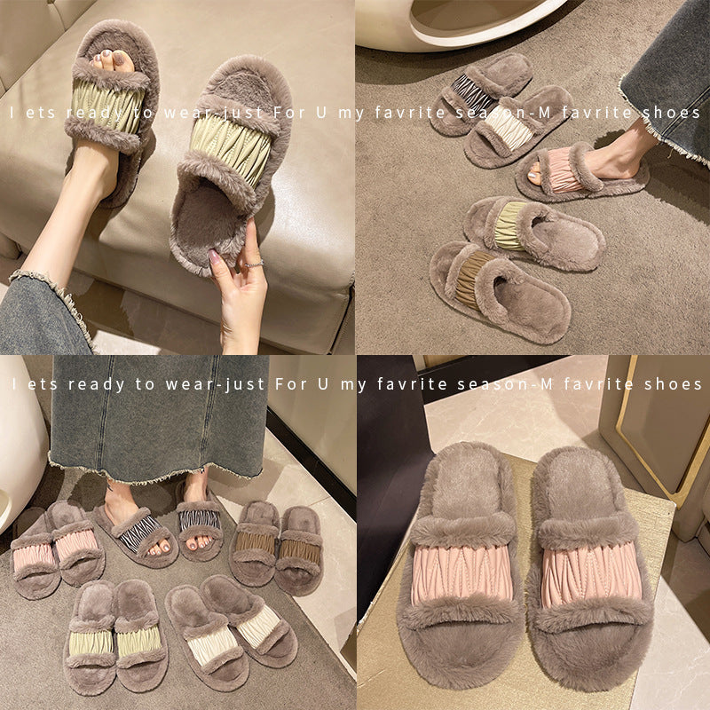 PU Leather Open Slippers For Women Plush Cotton Slippers